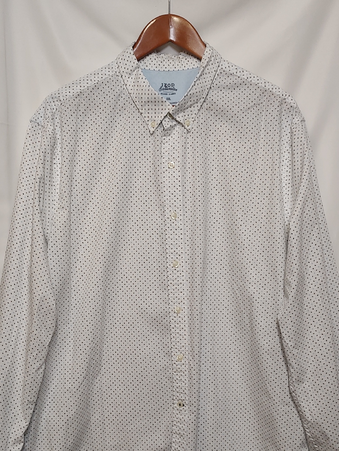 Izod White Button-Down Shirt With Black Micro Dot Print